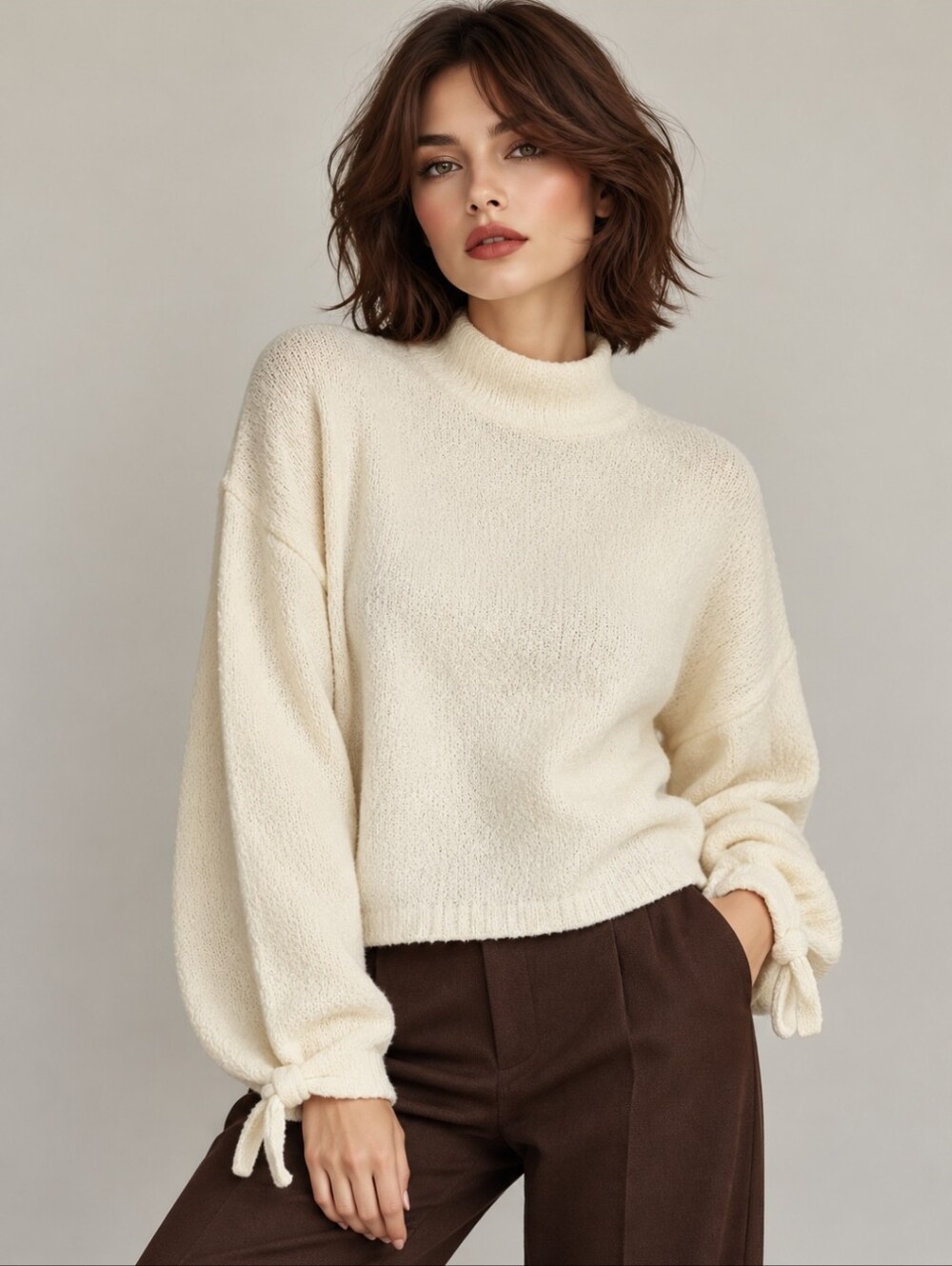 Urban Heritage Cream Knit Mock Neck Sweater with Tie Cuffs